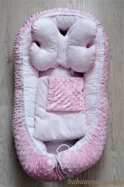 Premi rózsaszín masnis - 3 részes minky babafészek szett képe